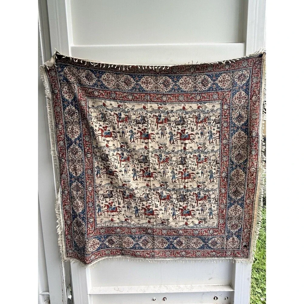 Antique Persian Fringed Cloth Tapestry Qajar Hunting & Polo Scene 52 X 52